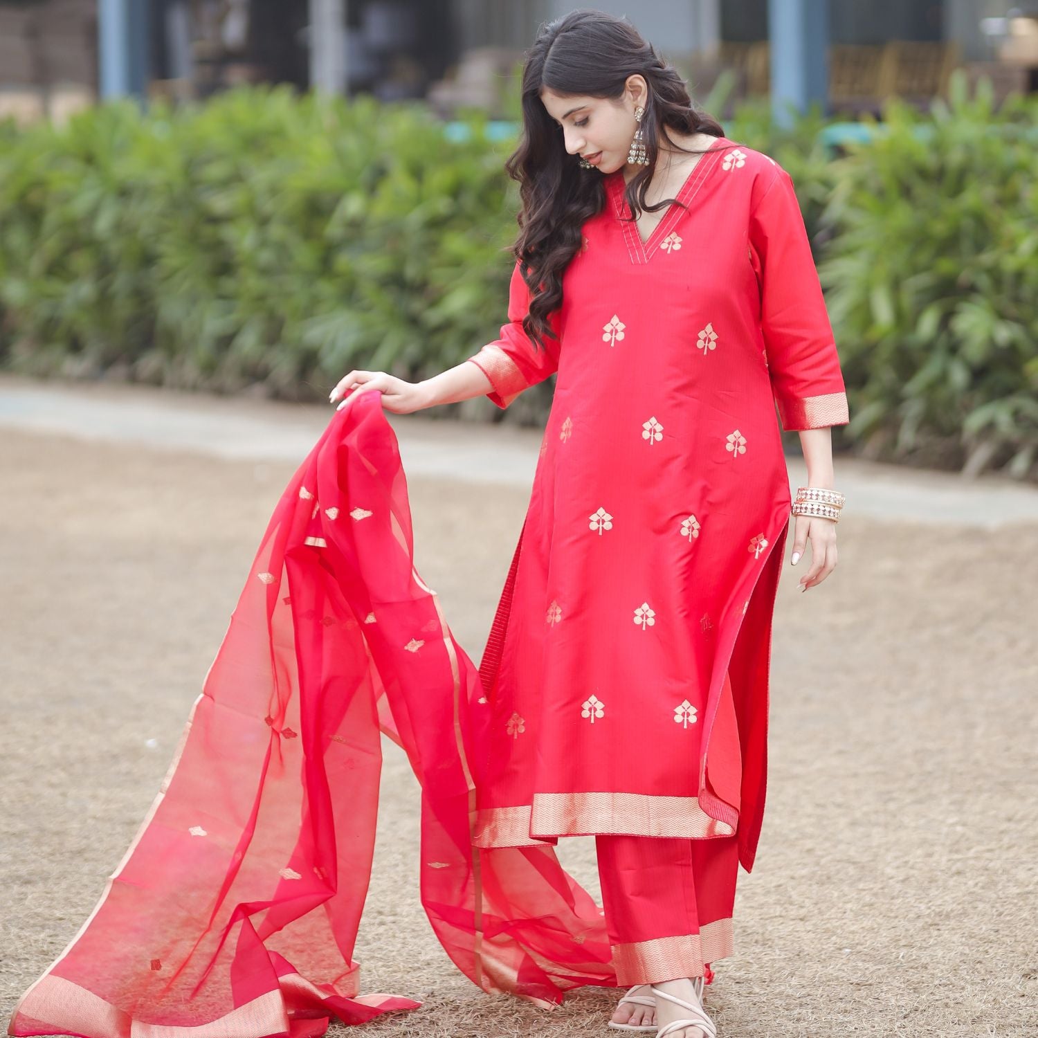 Traditional red Banarasi silk suit for ethnic and festive wear
