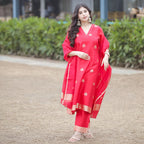 Red handwoven Banarasi silk suit with nakashi boota and elegant ethnic design