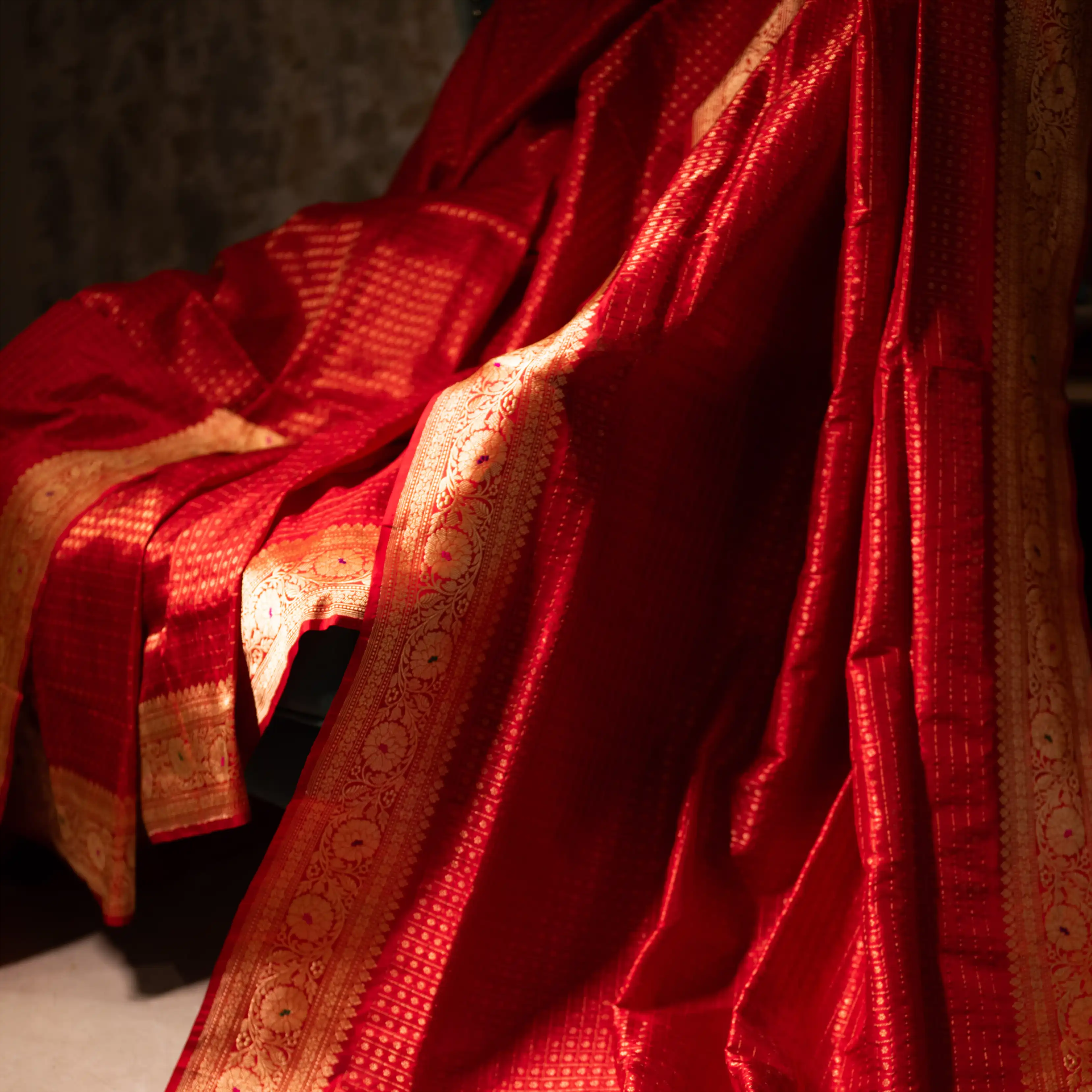 Close-up of a Red Organza Katan Silk Saree showing the rich texture of the handwoven fabric and the intricate gold zari border motifs.