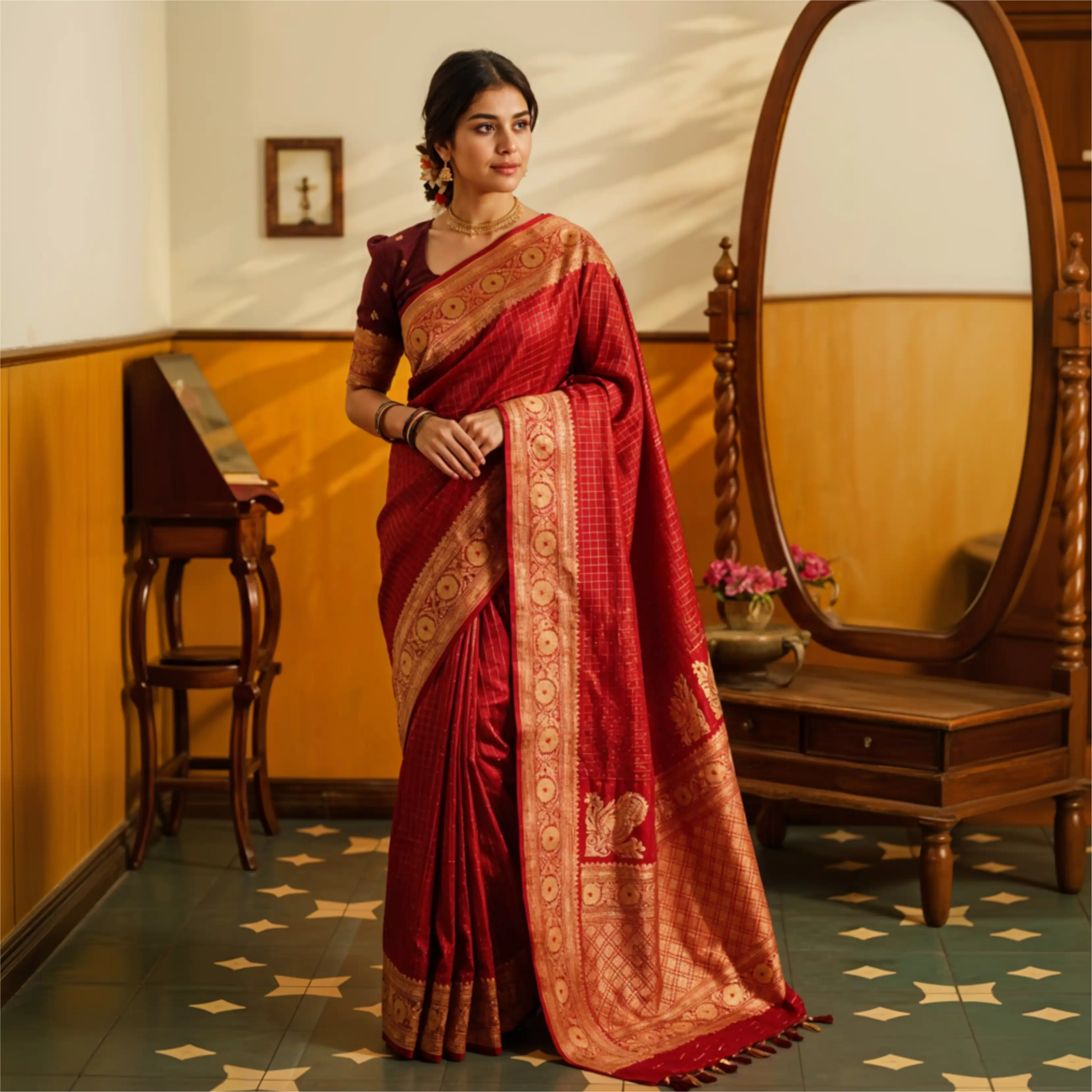Model posing in a Red Handwoven Organza Katan Silk Saree with a heavy gold zari border, featuring traditional Banarasi motifs in a vintage room setting