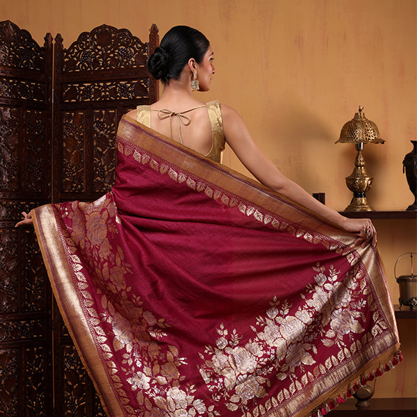 Full-length view of the majestic wine-coloured Royal Crimson Tussar saree, showcasing the rich handwoven texture and premium fall of the Khadi fabric.
