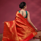 Full view of the Scarlet Gold Kanjivaram Silk Saree showcasing its luxurious heavy golden pallu and traditional handwoven silk patterns.