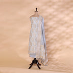 A mannequin showcasing an elegant silver-grey Banarasi silk suit featuring intricate traditional paisley motifs, delicate Zari work, and a matching draped dupatta.