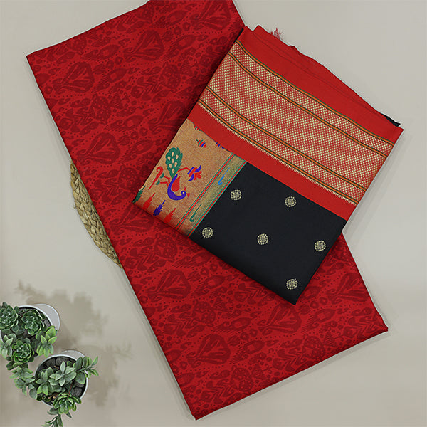 Close-up view of the premium strawberry blush pure Banarasi silk dress material, showcasing the traditional handwoven booti patterns.