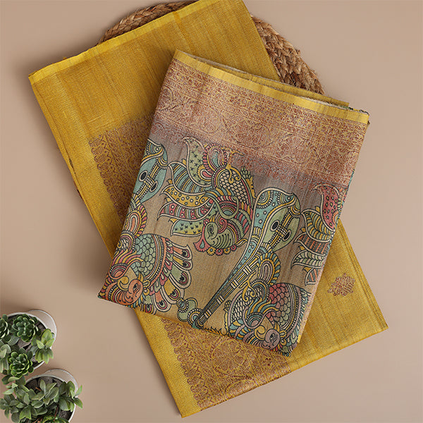 Close-up shot of the premium sunlit yellow handwoven pure Banarasi silk dress material showcasing its authentic handloom weave structure.