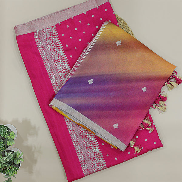 Close-up shot of the premium sweet pink tie and dye silk fabric highlighting the intricate traditional handloom weave and shiny silver accents.