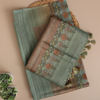 Detailed view of the handprinted Kalamkari multicoloured heritage dupatta highlighting the intricate traditional artistry and fine Banaras craftsmanship.