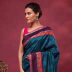 Close-up view of the 1-meter unstitched block printed blouse fabric featuring a tri-color contrast border included with the Banarasi silk saree.