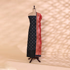 Pure handwoven Tussar silk unstitched suit featuring a twilight blue base displayed on a mannequin with a heavy crimson and gold majestic Zari dupatta.
