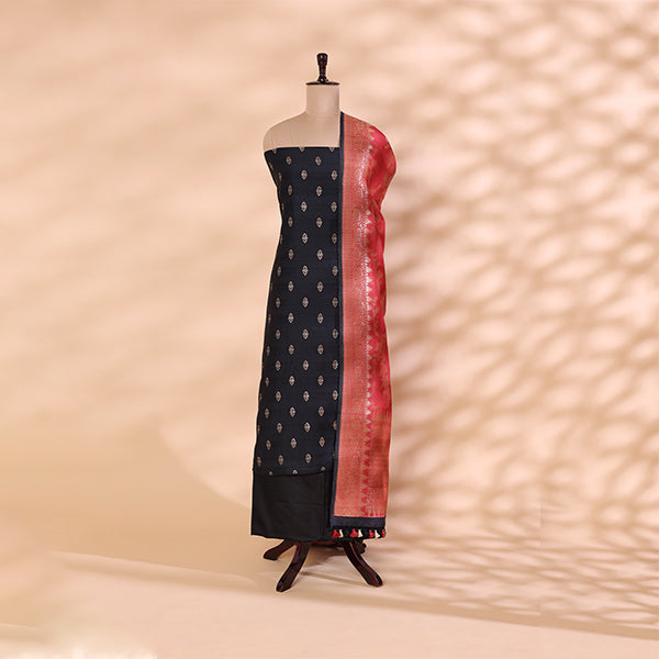 Pure handwoven Tussar silk unstitched suit featuring a twilight blue base displayed on a mannequin with a heavy crimson and gold majestic Zari dupatta.