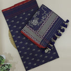 Close-up view of the premium twilight plum pure handloom cotton mull dress material, showcasing the traditional geometric Jamdani weaving patterns.