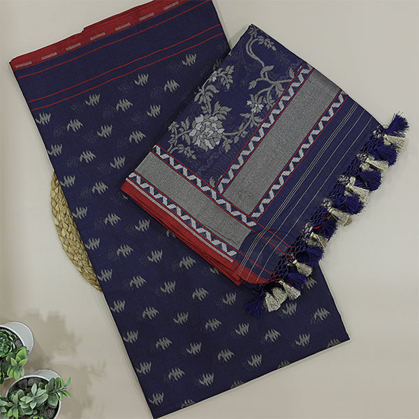 Close-up view of the premium twilight plum pure handloom cotton mull dress material, showcasing the traditional geometric Jamdani weaving patterns.