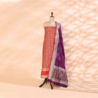 Pure handwoven Patola Banarasi Silk unstitched suit featuring a twilight amethyst base displayed on a mannequin with a vibrant sunset spectrum multicoloured dupatta.