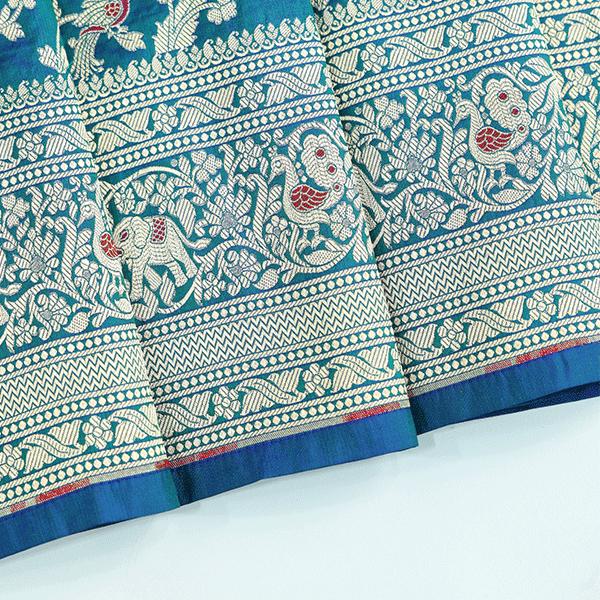 Full layout view of the handwoven Blue Azure Shikargah Katan Silk Saree displaying its exquisite craftsmanship and rich color contrast.