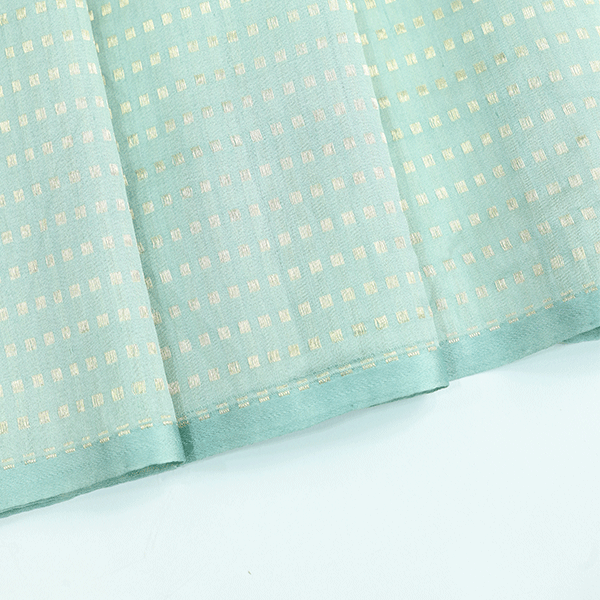 Exquisite silver and gold zari embroidery details on a pastel green handloom Banarasi cotton saree, perfect for weddings and festivals.