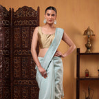 A model posing in a pastel green handwoven Banarasi cotton saree with shimmering silver and gold zari detailing, featuring a full zari border and a gold blouse.