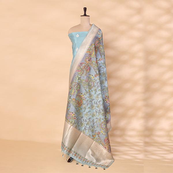 Detailed shot of the vibrant multicolored digital Kalamkari dupatta showcasing its rich traditional pattern motifs and premium Banaras artistry.