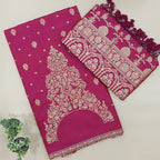 Close-up shot of the premium pure Banarasi silk fabric in a rich wine shade highlighting the detailed traditional neck weaving pattern.