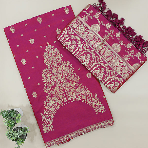 Close-up shot of the premium pure Banarasi silk fabric in a rich wine shade highlighting the detailed traditional neck weaving pattern.